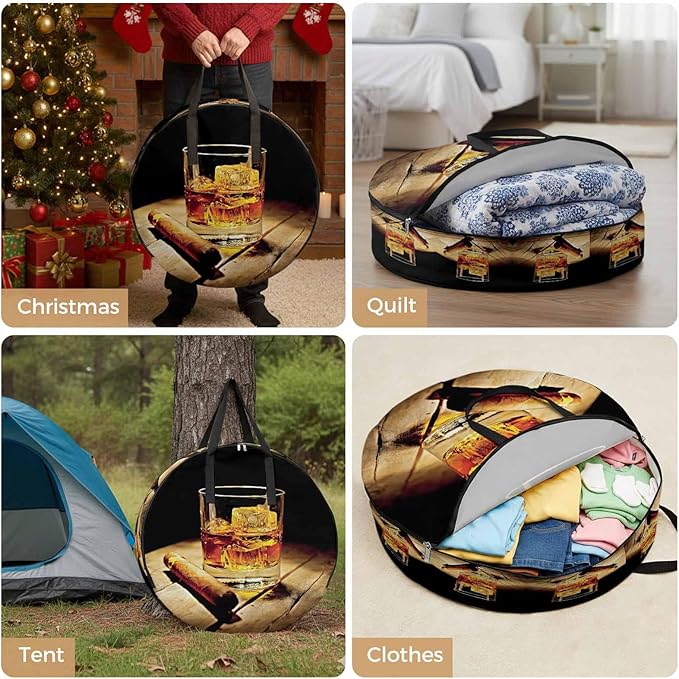 Storage Bag Whisky Glass Round Storage Totes Bins Closet Organizers with Zippers & Handle Wine Cigarettes Wood Clothes Storage Container for Bedroom Dorm Space Saving Packing Supplies Moving Bags