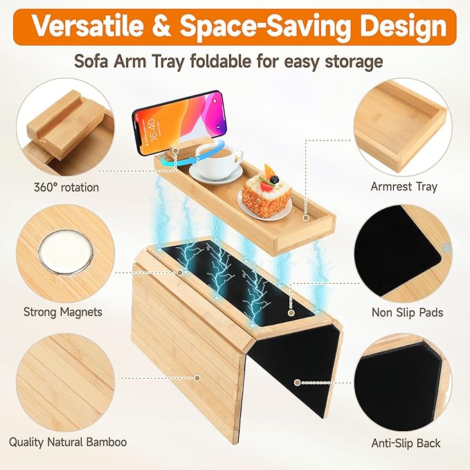Bamboo Sofa Arm Tray – 2-in-1 Magnetic Detachable Couch Cup Holder & Armrest Table with Anti-Slip Pad, Convenient Tray for Drinks, Snacks & More,Natural
