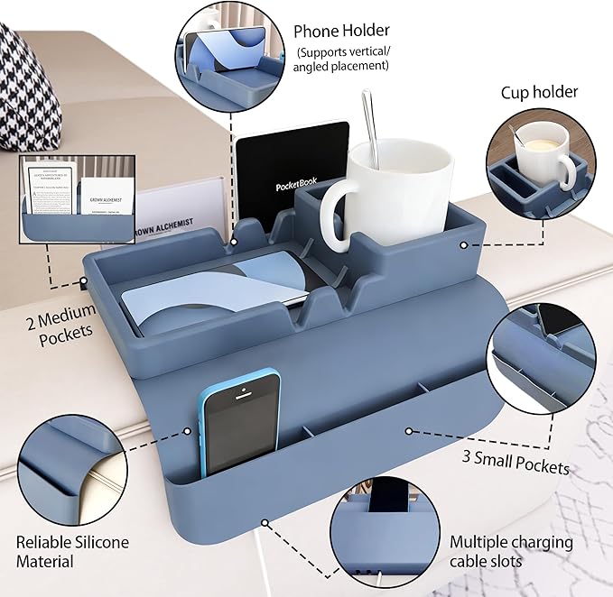Couch Arm Cup Holder - Silicone Sofa Armrest Tray with 5 Side Pockets, Anti-Slip Armrest Recliner Armchair Caddy, Sofa Table Organizer for Drinks Tablet Remote Snacks Cellphone Cup (Blue)