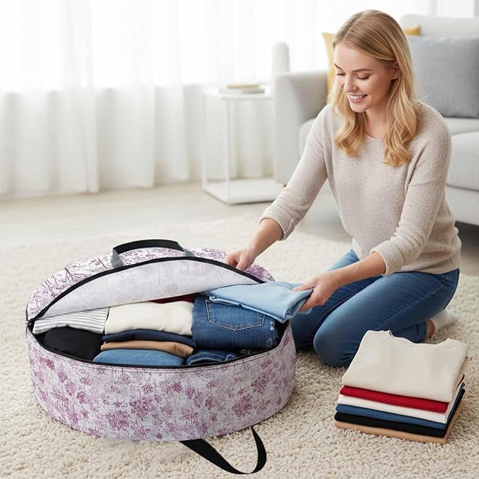 Storage Bag Maple Tree Pine Round Storage Totes Bins Closet Organizers with Zippers & Handle Watercolor Plants Purple Clothes Storage Container for Bedroom Dorm Space Saving Packing Supplies Bags