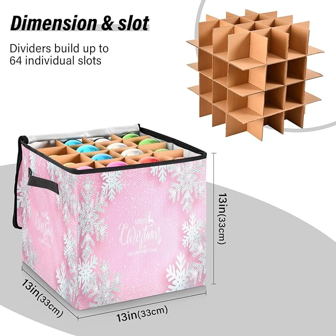 Pink Christmas Snowflake Christmas Ornament Storage Box, 4 Tier Holds Up to 64 Holiday Ornaments Decoration Balls, Holiday Decorations Accessories Xmas Decorations Storage Container with Dividers