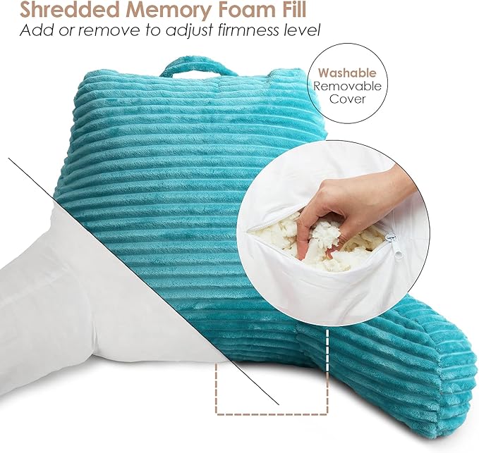 Clara Clark Reading Pillow for Bed Adult – Back Pillow for Sitting in Bed, Standard Plush Bed Pillows for Sitting Up in Bed, Shredded Foam Bed Chair Pillow with Arms and Pockets, Teal Bed Rest Pillow