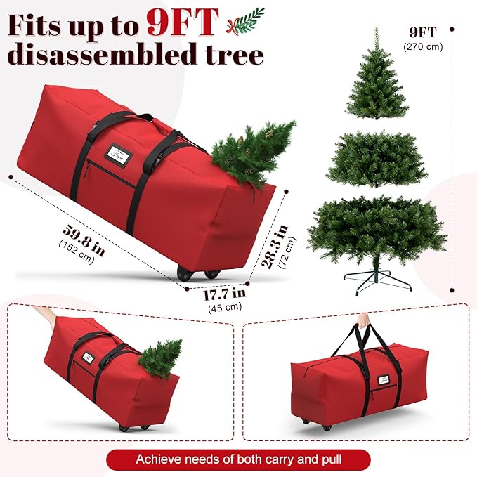 Christmas Tree Storage Bag with Rolling Wheels, Fits for 9ft Xmas Artificials, Large Xmas Storage Container with Reinforced Carry Handles and Fixed Buckle, 600D Oxford Cloth, Dual Zippers