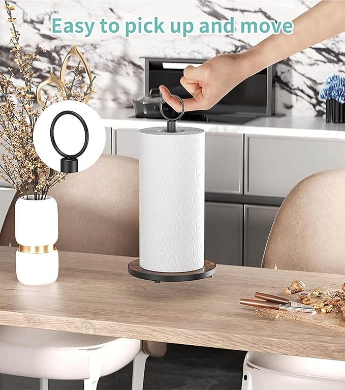 OROPY Paper Towel Holder Countertop with Heavy Duty Wood Base, Farmhouse Paper Towel Roll Stand for Kitchen Counter fits Standard and Jumbo Size Paper Towels (Brown)