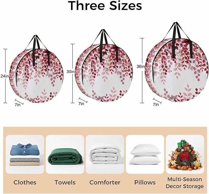 Storage Bag Red Eucalyptus Leaves Round Storage Totes Bins Closet Organizers with Zippers & Handle Berry Branch Nature Plant Clothes Storage Container for Bedroom Dorm Space Saving Packing Supplies