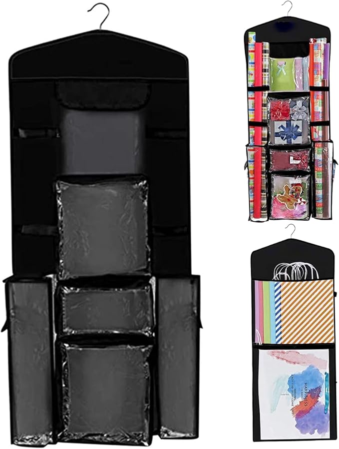 Black Double Sided Hanging Wrapping Paper Storage, Wrapping Paper Storage Box, Over The Door Wrapping Paper Holder Wrapping Paper Storage Bag Gift Wrap Storage Bag for Closet, Door