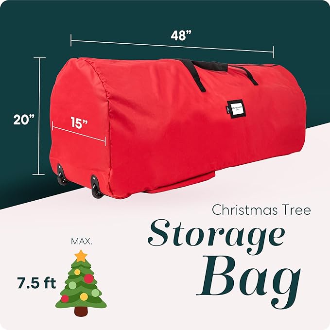 Handy Laundry Christmas Tree Storage Bag with Wheels – Fits 7.5 ft Artificial Tree, Heavy Duty Holiday Storage Container, Zippered, Reinforced Handles, Exterior Pockets, Red