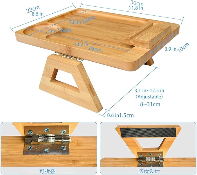 Bamboo Sofa Arm Tray Table, Foldable Couch Armrest Table with Cup Holder & 360° Phone Holder, Portable Snack Tray for Remote, Drinks, Food - Fits Most Sofa Arms.