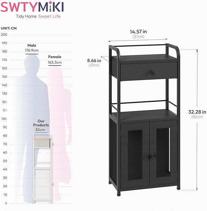 SWTYMIKI 14.57"x32.28" Bathroom Storage Cabinet – Freestanding Toilet Paper Storage with Doors & Drawer, Bathroom Organizers and Storage for Small Spaces, Laundry Room, Ideal for Towels, Black