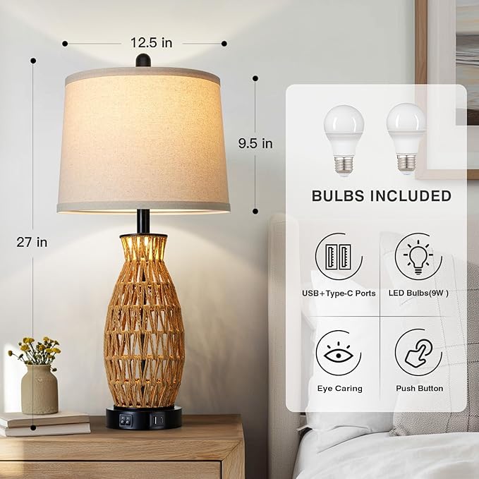 CINSARY 27" Boho Rattan Table Lamp Single with Night Light, Handwoven Wicker Bedside Lamp with USB A+C Charging Port, Woven Coastal Bedroom Lamps for Night stand, Beach Living Room Lamps for End Table