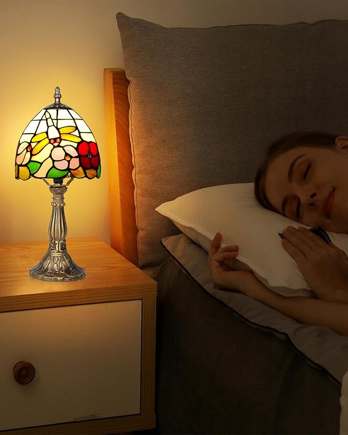 Small Tiffany Style Table Lamp, 5" Antique Stained Glass Lamp, Desk Bedside Table Night Lamp for Bedroom, Living Room, Office, Handcrafted Light (Dragonfly & Flower)