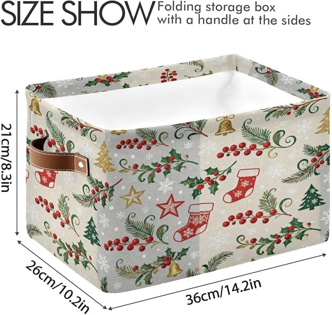 Christmas Storage Baskets, Canvas Collapsible Bins with Holiday Pattern, 14.2x10.2x8.3 Inches, Decorative Organizers with Handles for Home Organization