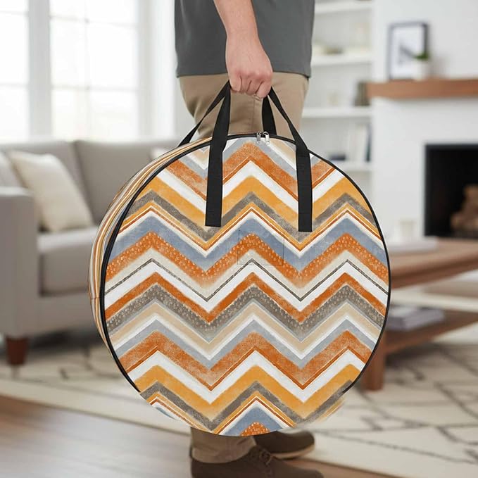 Storage Bag Orange Grey Chevron Round Storage Totes Bins Closet Organizers with Zippers & Handle Geometric Design Stripe Clothes Storage Container for Bedroom Dorm Space Saving Packing Supplies Bags