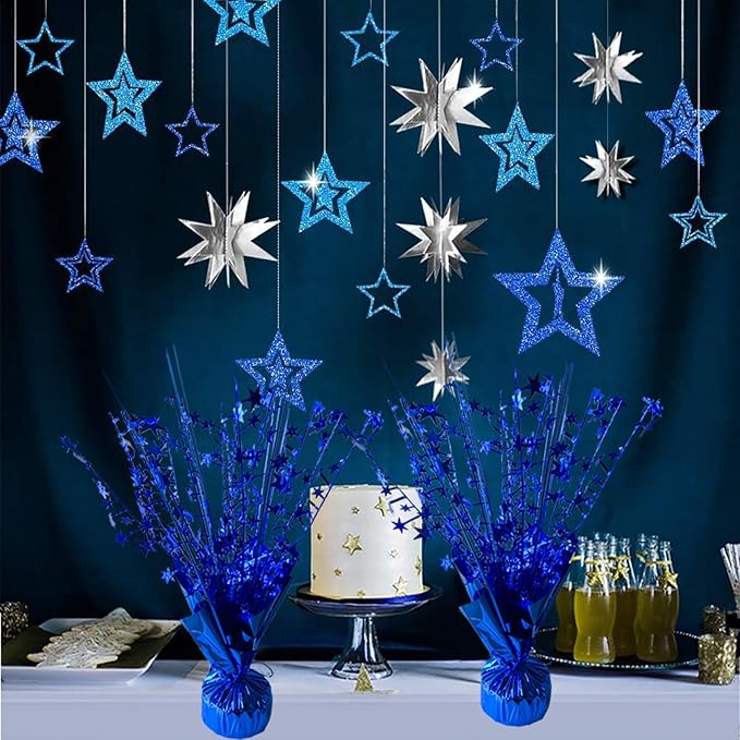 FUBININA 6 Pack Metallic Foil Spray Centerpiece Star Table Decoration Burst Glitter Tabletop Centerpieces for Birthday Christmas New Years Nye Wedding Graduation Holiday Party Supplies Decor, Blue