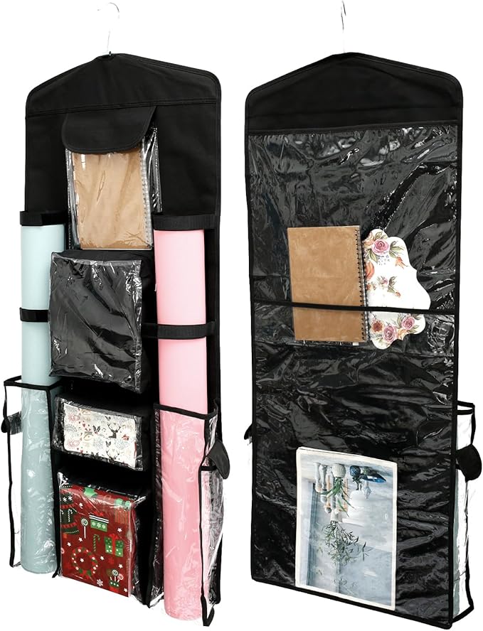 Wrapping Paper Storage - Double-Sided Hanging Wrap Organizer, Compartmental Wrap Organizer Holder, Wrapping Paper Storage Containers, Behind The Door Storage for Kitchen Bedroom Closet (Black)