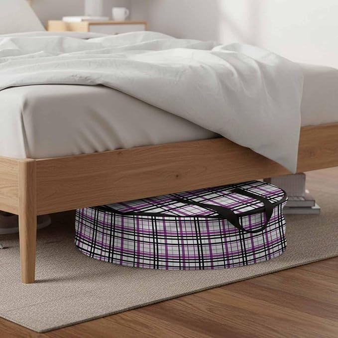 Storage Bag Purple Black Buffalo Plaid Round Storage Totes Bins Closet Organizers with Zippers & Handle Check Stripe Clothes Storage Container for Bedroom Dorm Space Saving Packing Supplies Bags