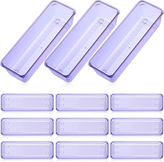Maitys 12 Pcs Clear Drawer Organizer 9 x 3 x 2 Inches Plastic Rectangle Trays Makeup Vanity Storage Bins and Kitchen Drawers Dividers for Office Desk Silverware Kitchen Utensils(Purple)