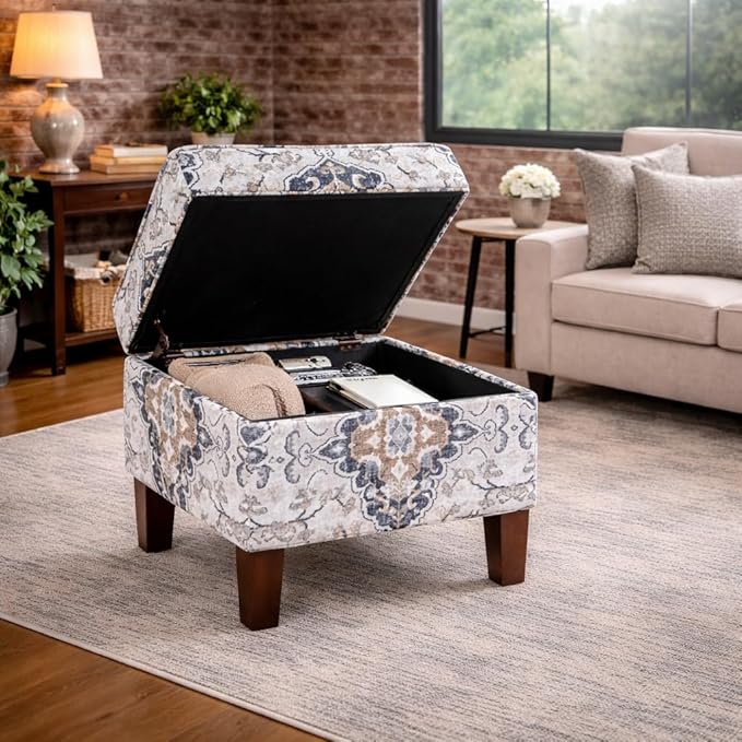 Homepop Home Decor |K7646-A862 | Upholstered Modern Rectangular Storage Ottoman | Hinged Lid Ottoman with Storage for Living Room & Bedroom, Antiqued Ebony Cream