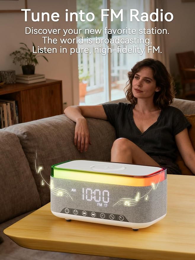 Alarm Clock Bluetooth Speaker with 10w Fast Wireless Charger for iPhone Samsung, 10W Stereo Bluetooth Speaker, 12-Color Night Light, White Noise Machine Digital Clock with FM Radio for Bedroom