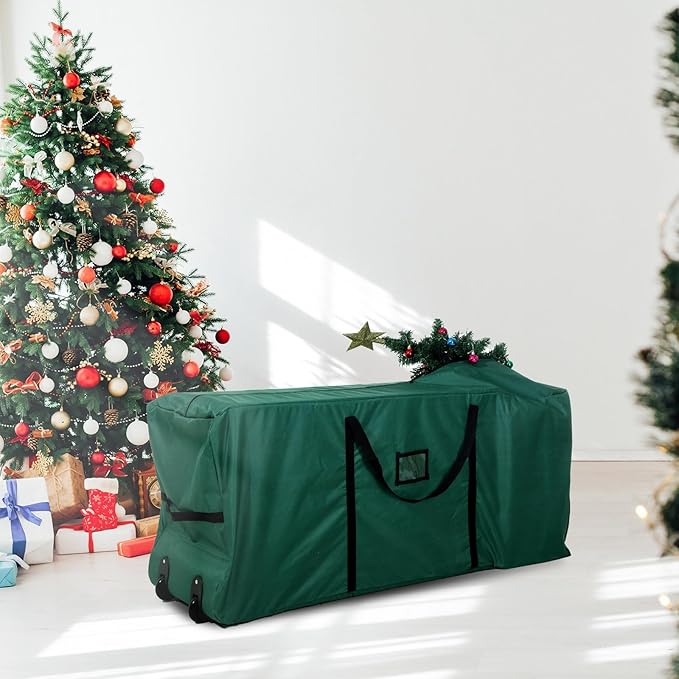 2 Pcs Christmas Tree Storage Heavy Duty Containers 7.5 ft Zippered Rolling Tree Storage Bag Christmas Box Bag with Wheels and Handles for Disassembled(Green)