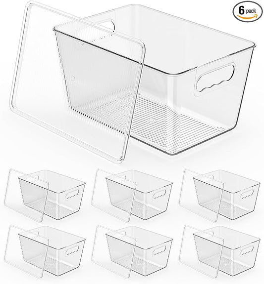 6 Pack Clear Stackable Storage Bins with Lids, Large Plastic Pantry Organizers and Storage Containers for Kitchen Cabinet, Fridge, Closet, Bathroom - BPA-Free Home Organization Must Haves