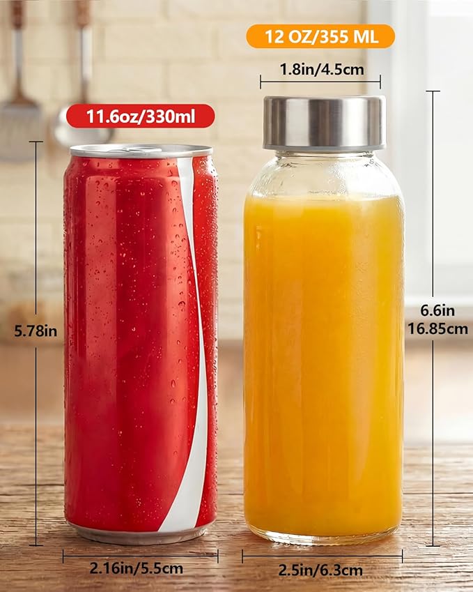 Zukro Glass Water Bottles with Lids 12 oz, Reusable Clear Juice Bottles With Stainless Steel Airtight Cap for Juicing, 100% Leak Proof Juice Drinking Jar for Smoothie, Milk, BPA Free, Set of 4