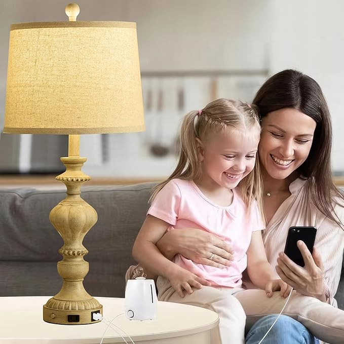 SAIWEYA 27.5" Farmhouse Table Lamps Set of 2 Bedside Nightstand Lamp with USB C+A Ports & AC Outlet, 3 Way Dimmable Touch Lamps for Bedroom Living Room Office Rustic Lamp
