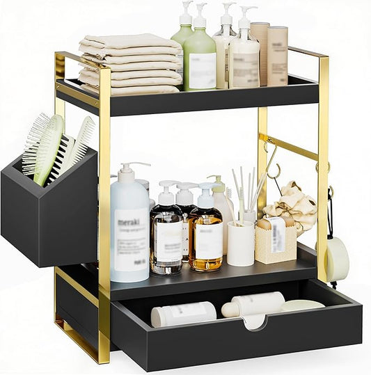 2-Tier Bathroom Counter Organizer with Drawer and Basket, Wood Countertop Organizer for Storage, Skincare Organizers for Vanity, Counter Shelf for Bathroom Organization(Black-Gold)