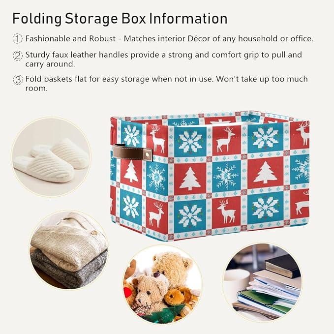 Christmas Storage Basket, Collapsible Canvas Organizer with Snowflake Reindeer Pattern, 14.2x10.2x8.3 Inches, Water Resistant Rectangular Box for Bedroom Storage