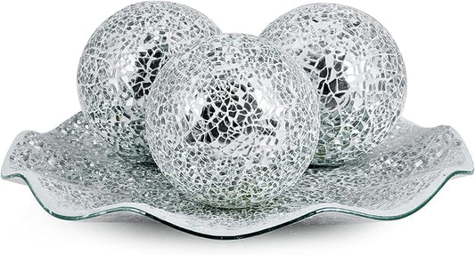 MDLUU Centerpiece Bowl and Balls Set, Mosaic Tray with 3 Pieces Spheres, 12" Decorative Plate with 4" Mosaic Orbs for Home Decor, Gift (Silver)