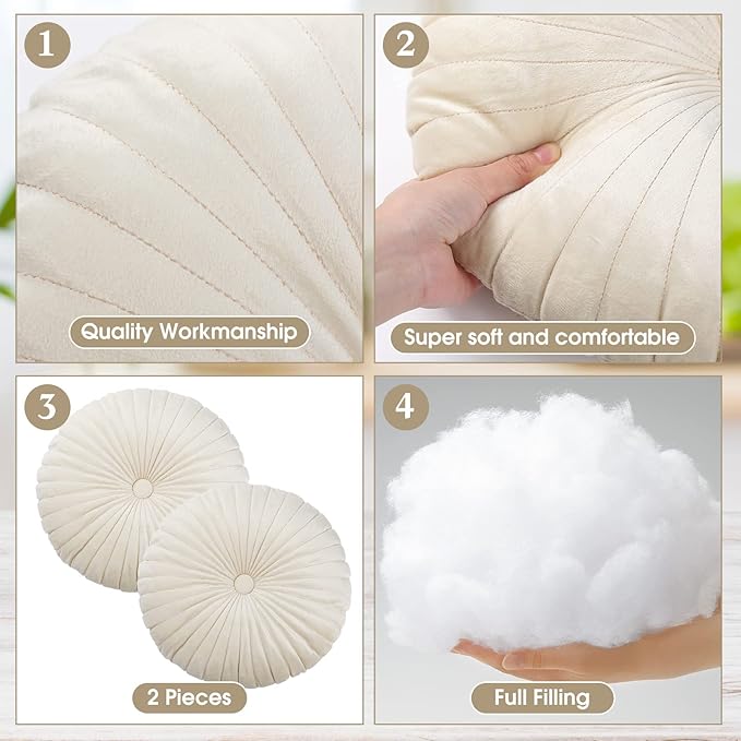 Namalu 3 Pcs Round Throw Pillow 13.8 Inch Decorative Round Velvet Floor Pillows Pumpkin Throw Pillows with Center Button for Thanksgiving Home Decor Living Room Sofa Couch Bed Chair (Beige)
