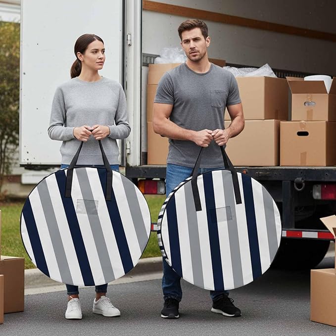 Storage Bag Navy Blue Gray Stripes Round Storage Totes Bins Closet Organizers with Zippers & Handle Contrast Striped Clothes Storage Container for Bedroom Dorm Space Saving Packing Supplies Bags