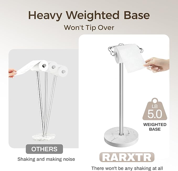 RARXTR Toilet Paper Holder Stand, Bathroom Free Standing Toilet Paper Stand with Modern Marble Base, Post Pivoting Toilet Paper Stand with Stainless Steel Tissue Rack, Rust-Proof & Heavy Base(Chrome)