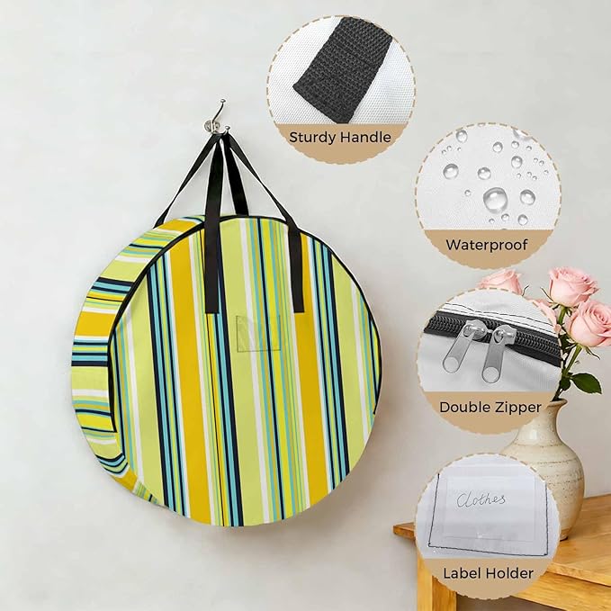 Storage Bag Yellow Stripes Round Storage Totes Bins Closet Organizers with Zippers & Handle Boho Style Lines Striped Clothes Storage Container for Bedroom Dorm Space Saving Packing Supplies Bags