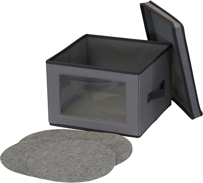 Household Essentials Dinner Plate Storage Box, Strong Frame and Handles, Windowed Panel, Fully Removable Lid, Stackable and Foldable, Perfect for Preserving Your Dinnerware, Gray