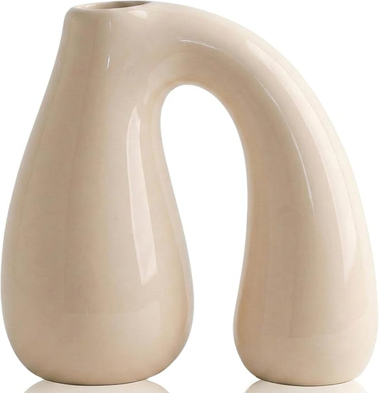 PROBENEX Cream White Ceramic Decorative Pitcher Vase, 7.5 in – Glossy Sculptural Arch-Handle, Modern Home Décor Accent for Fresh or Dried Floral Arrangements, Table/Shelf/Entryway, Giftable