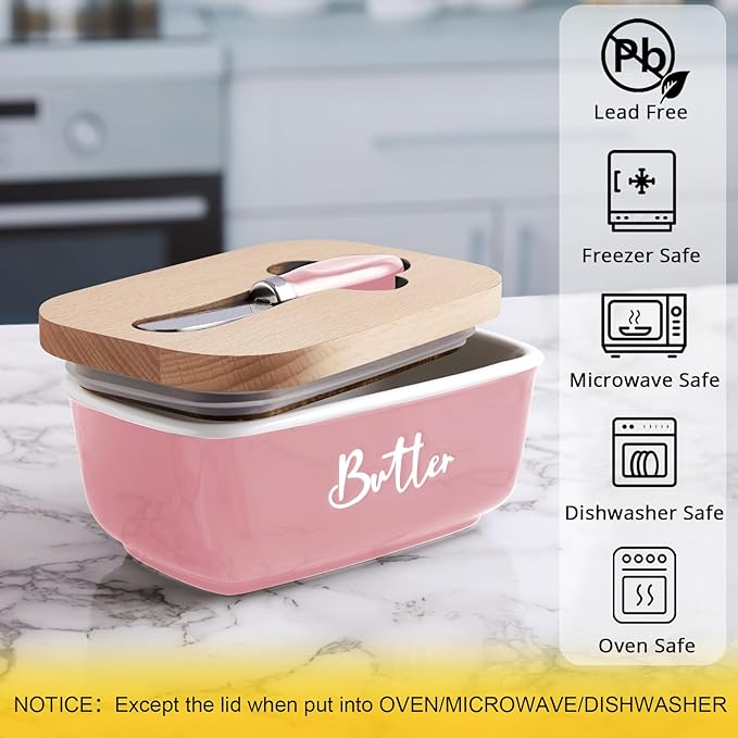 ALELION Pink Butter Dish with Lid and Knife for Countertop - Airtight Ceramic Butter Container with Thick Acacia Wood Lid for Counter - Pink Kitchen Decor and Accessories