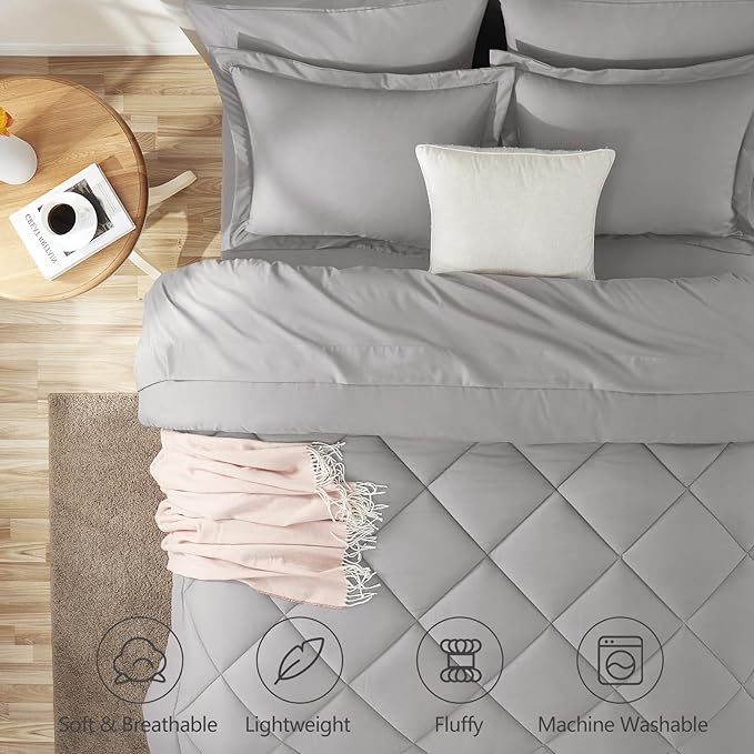 CozyLux Full Size Comforter Sets French Grey - 7 Pieces Bed in a Bag Full, Luxury Soft Bed Set for All Seasons, Bedding Set with Down Alternative Comforter, Sheets, Pillowcases & Shams