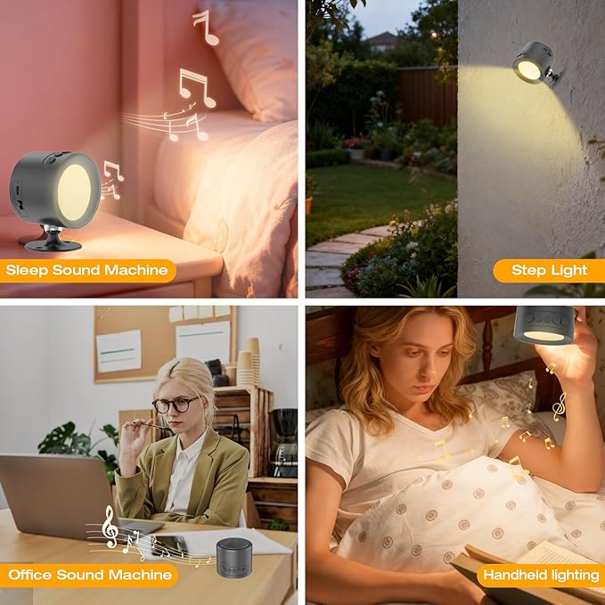 2 in 1 White Noise Sound Machine & LED Wall Sconce with 30 Soothing Sounds Sleeping Timer Motion Sensor Dimmable Night Light 360° Rotate 2200mAh Rechargeable Battery Operated for Bedroom Nursery
