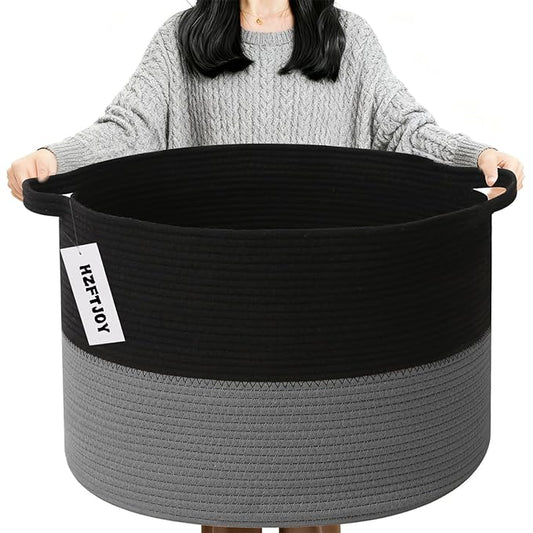 90L Large Blanket Basket, 21.7"x 21.7"x 13.8" Rope Woven Storage Basket with Handles, Laundry Hamper for Toys,Clothes,Pillows & Towels,Perfect for Living Room,Nursery & Bedroom,Black&Dark Grey