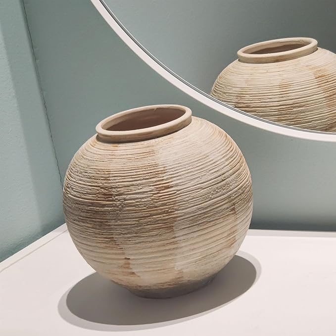 Rustic Ribbed Vase Home Decor - 6 in Ceramic Vintage Farmhouse Vases for Decor, Decorative Terracotta Round Bowl vase for Living Room, Table, Shelf, Kichen Decor