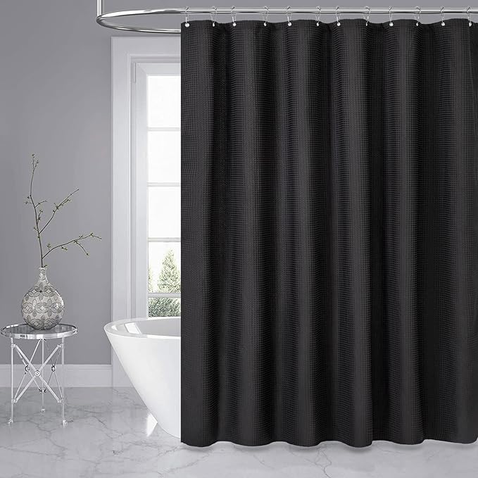 Dynamene Extra Wide Shower Curtain - 180 Inch Wide Waffle Weave Weighted Thick Cloth Bathroom Shower Curtain, Neutral Heavy Duty Hotel Bath Curtain Set with 32 Plastic Hooks,180x72, Black