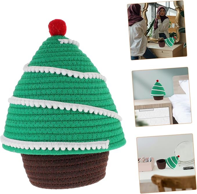 Cabilock Cartoon Christmas Tree Decorative Rope Woven Storage Basket Lid for Organizing Toys Snacks and Cosmetics Holiday Home