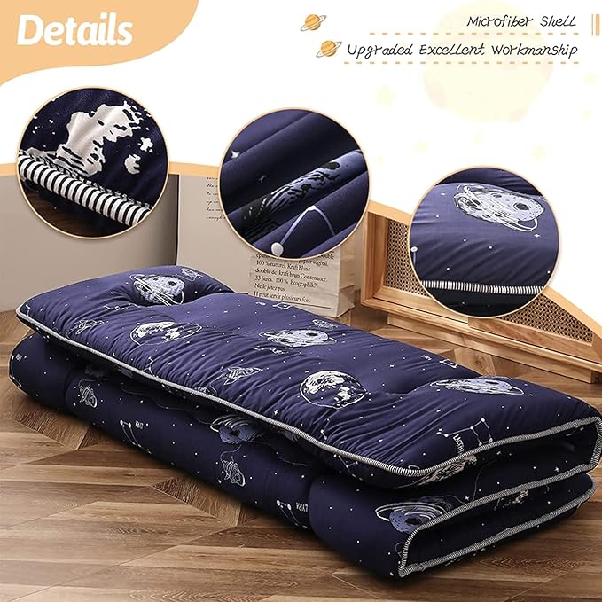 MAXYOYO Navy Space Adventure Japanese Floor Futon Mattress, Thicken Tatami Mat Sleeping Pad Foldable Roll Up Mattress Floor Lounger Couches and Sofas for Kids Twin Size