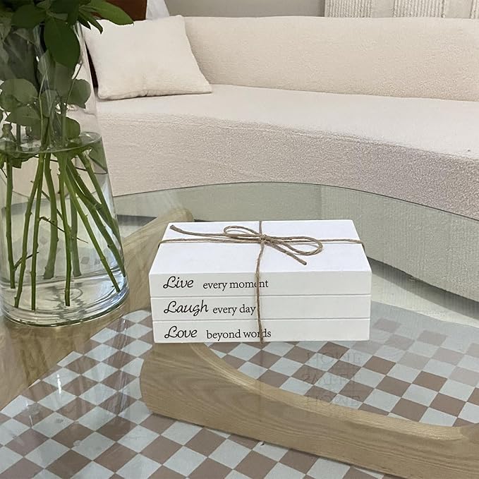 Decorative Books for Home Decor, White Faux Books for Decoration, Rustic Farmhouse Stacked Display Books with 52in Wood Bead Garland for Coffee Tables Living Room, (Live Laugh Love)