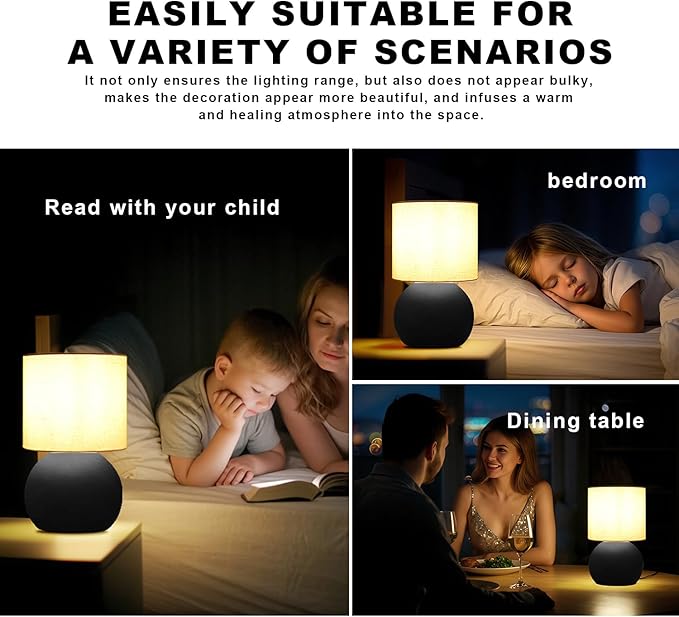 Modern Small Table Lamp Set of 2, Minimalist Nightstand Bedside Lamps with One-Button Inline Switch, 10.4 Inch Desk Light for Bedroom, Living Room,Including Light Bulb（Black）