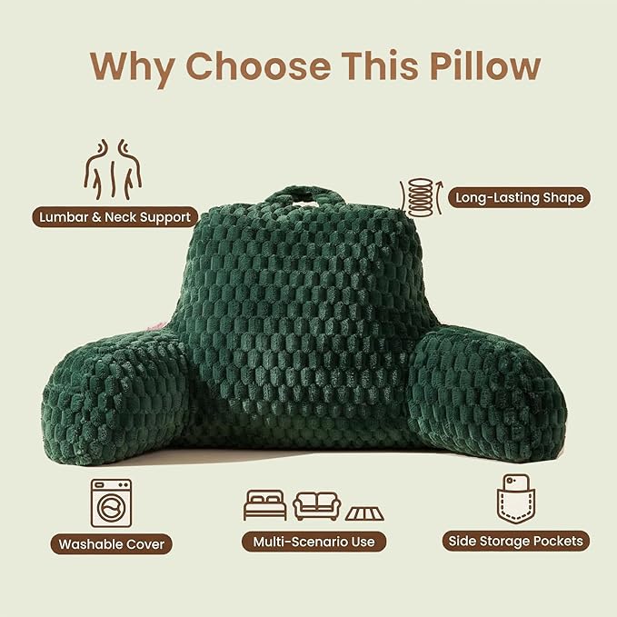 Faux Fur Reading Pillow for Bed Adults, Ultra Soft Plush Floor Backrest Pillow with Side Pockets for Bed & Couch, Perfect for Reading, Watching TV, Gaming, Relaxing, Green