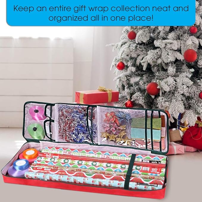 Primode Christmas Wrapping Paper Storage Bag with Pockets | Gift Wrap Organizer Container | 37” x 14” x 4” | Underbed Durable Box Made of 600D Oxford Material (Red)