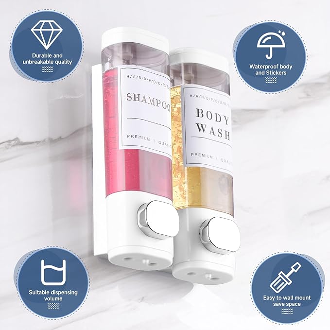 Shampoo and Conditioner Dispenser Bathroom Shower Soap Dispenser Wall Mounted Shampoo Dispenser for Shower Wall No Drill 2 * 300ml White 2 Chamber with Waterproof Labels