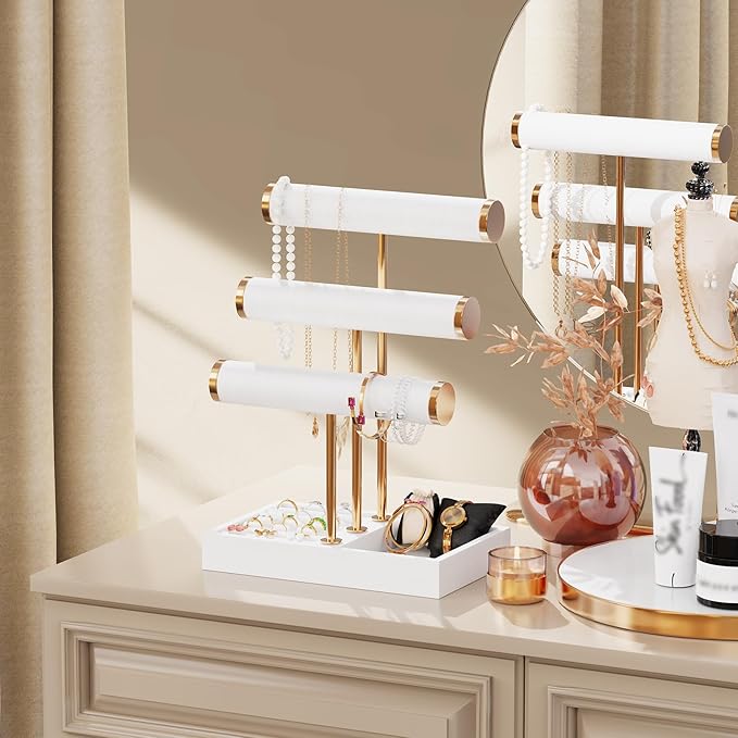 Abiglifty 3 Tier Necklace Holder Display, Jewelry Organizer, Jewelry Stand, Bracelet Display, Necklace Organizer, Bracelet holder, Jewelry Display for Necklace, Watches, Rings, white